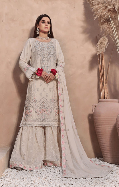 3 PIECE EMBROIDERED CHIFFON COLLECTION - (CREAMY DELIGHT)