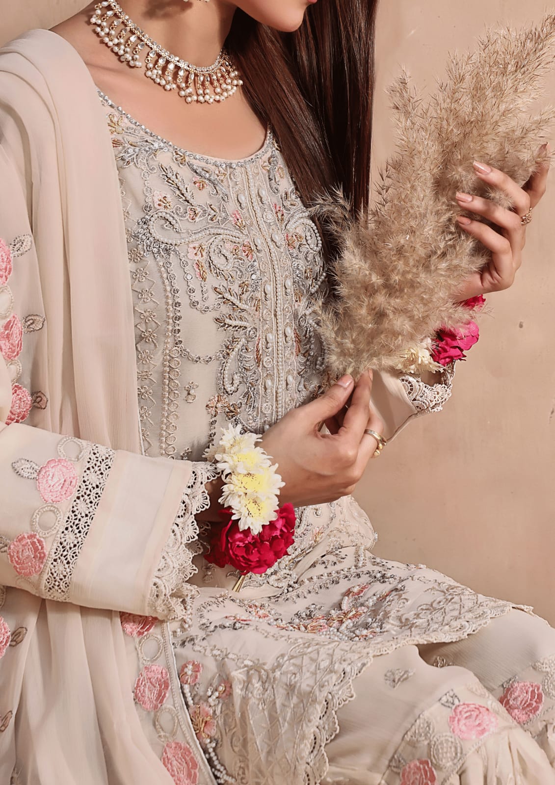 3 PIECE EMBROIDERED CHIFFON COLLECTION - (CREAMY DELIGHT)