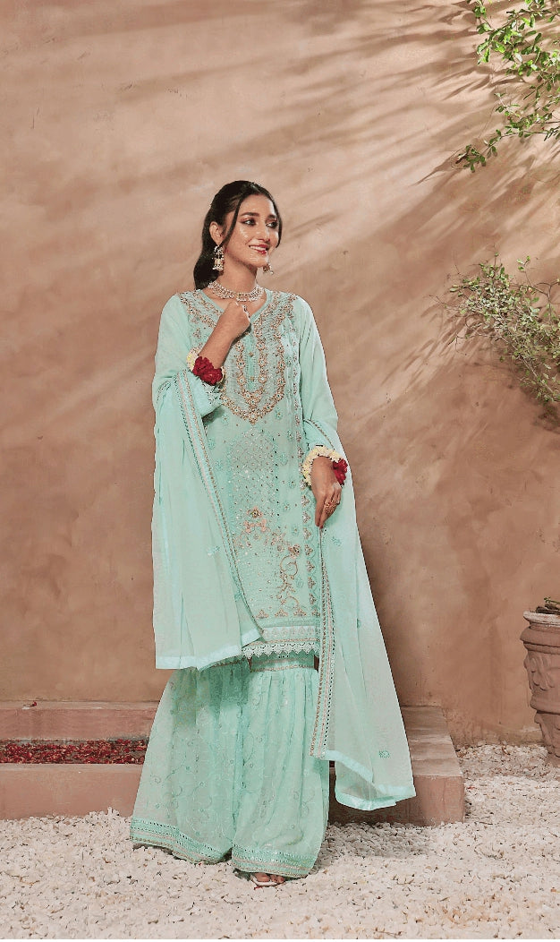 3 PIECE EMBROIDERED CHIFFON COLLECTION - (SEA BREEZE)