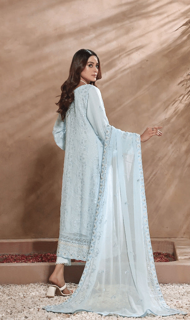 3 PIECE EMBROIDERED CHIFFON COLLECTION - (COLD WAVE)