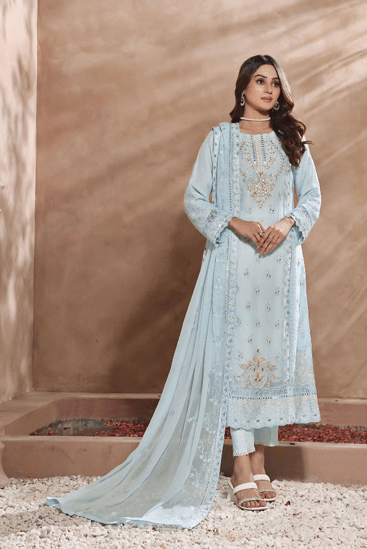 3 PIECE EMBROIDERED CHIFFON COLLECTION - (COLD WAVE)