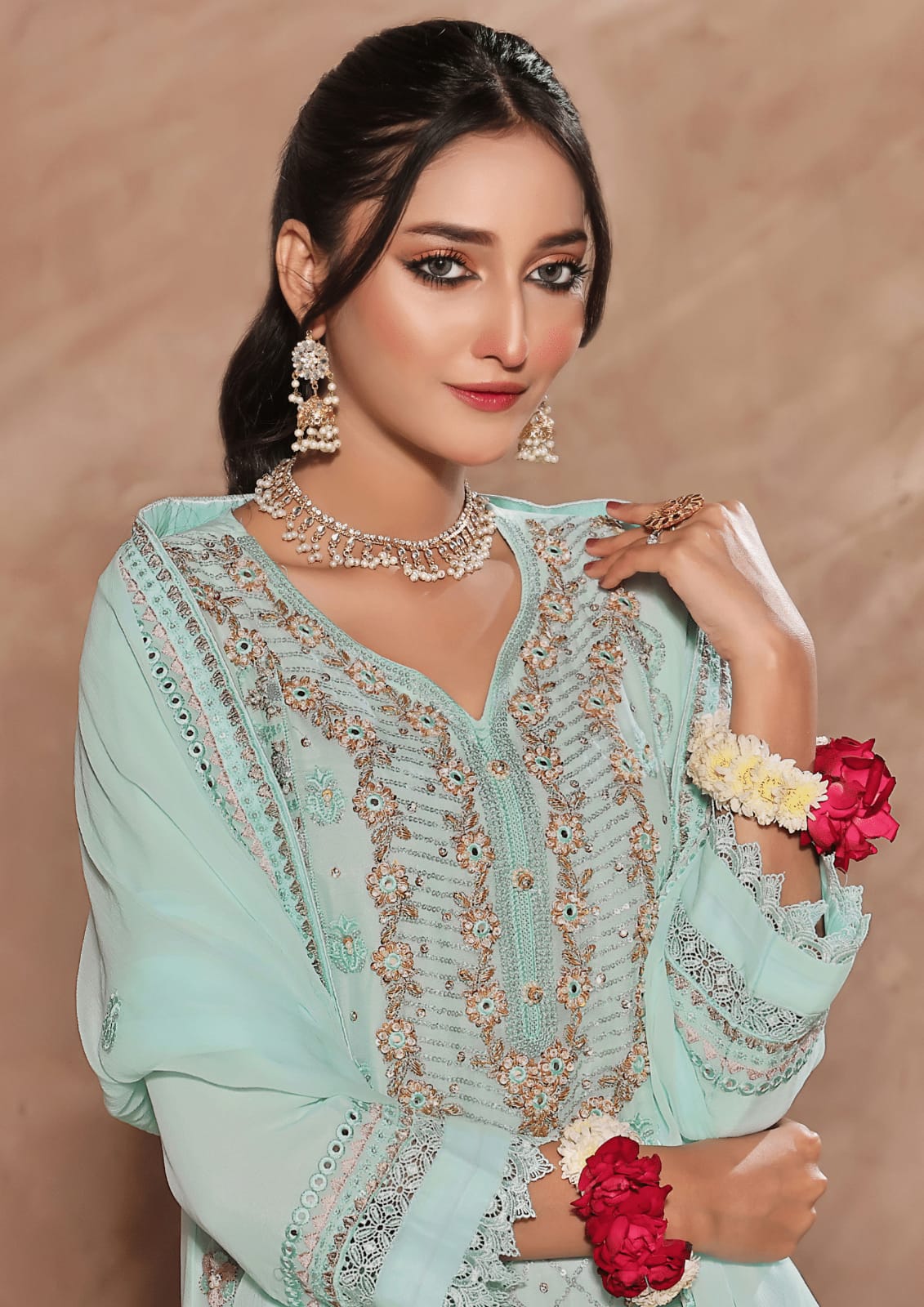 3 PIECE EMBROIDERED CHIFFON COLLECTION - (SEA BREEZE)