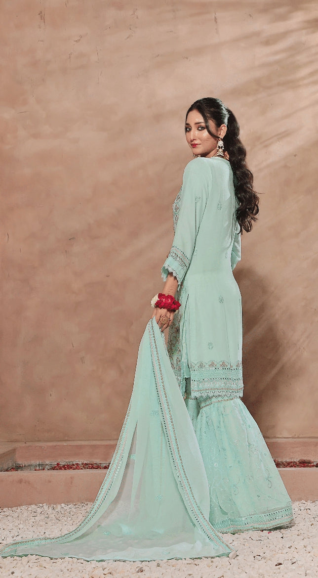 3 PIECE EMBROIDERED CHIFFON COLLECTION - (SEA BREEZE)