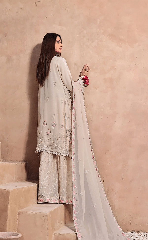 3 PIECE EMBROIDERED CHIFFON COLLECTION - (CREAMY DELIGHT)