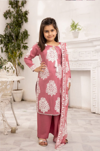 (PINK)3 PIECE MOTHER & DAUGHTER EMBROIDERED LINEN COLLECTION BY SIMRANS