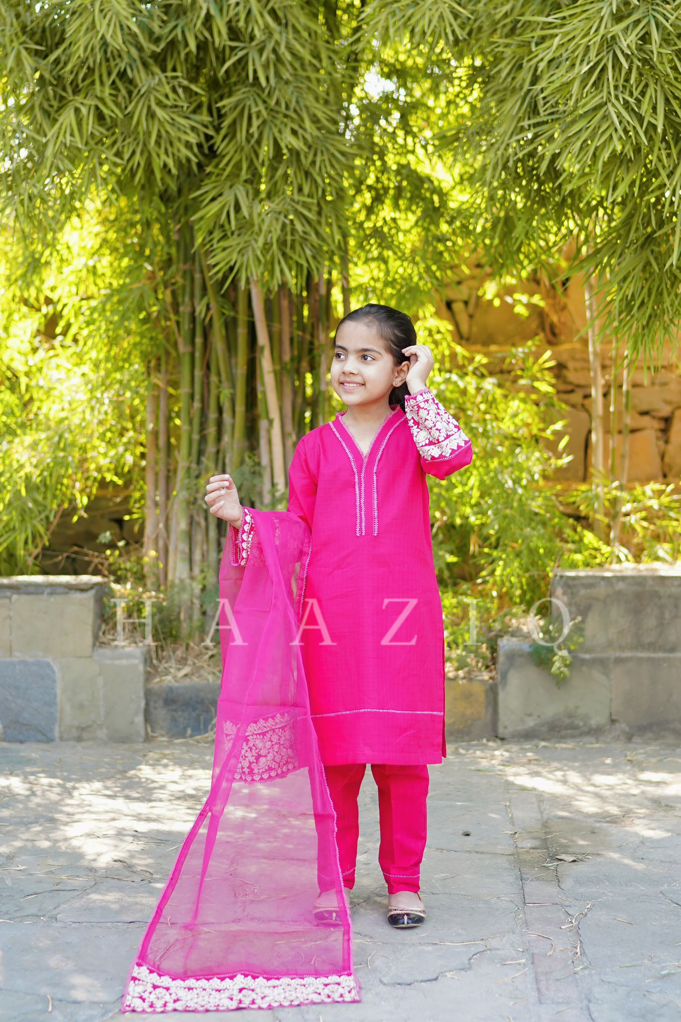 (Magneta Pink) Kids Embroidered Cotton 3 piece Suit