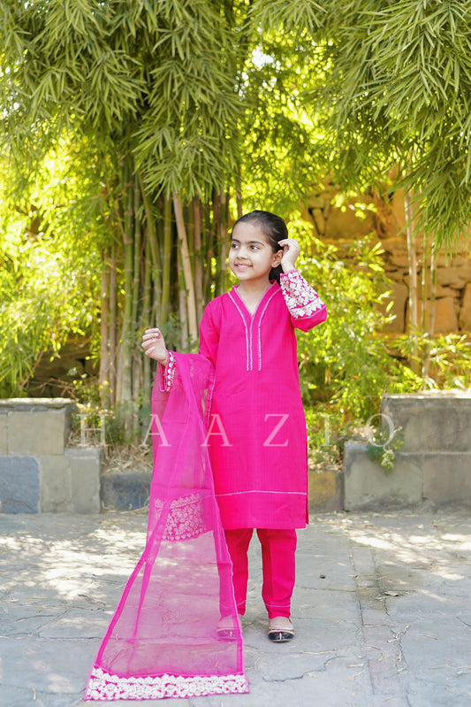 (Magneta Pink) Kids Embroidered Cotton 3 piece Suit