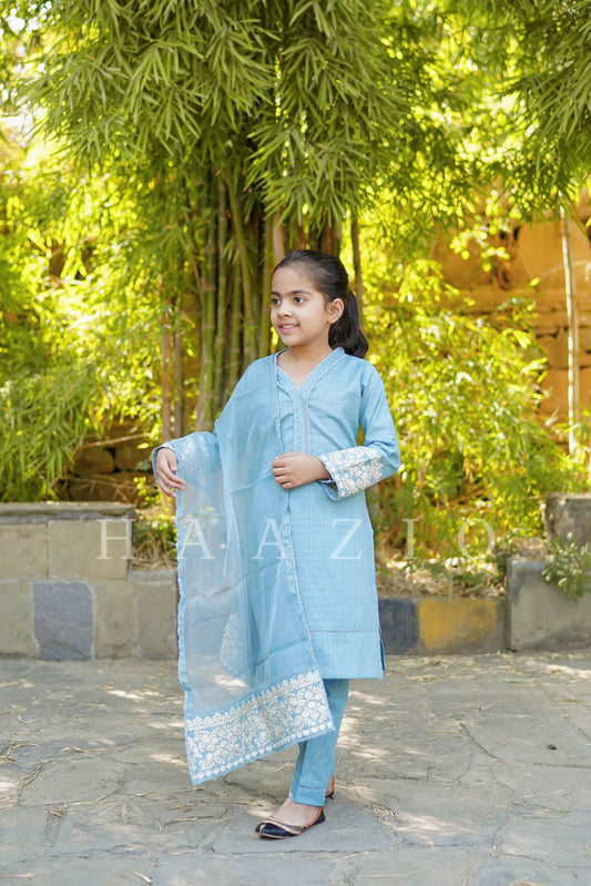 (Blue) Kids Embroidered Cotton 3 piece Suit