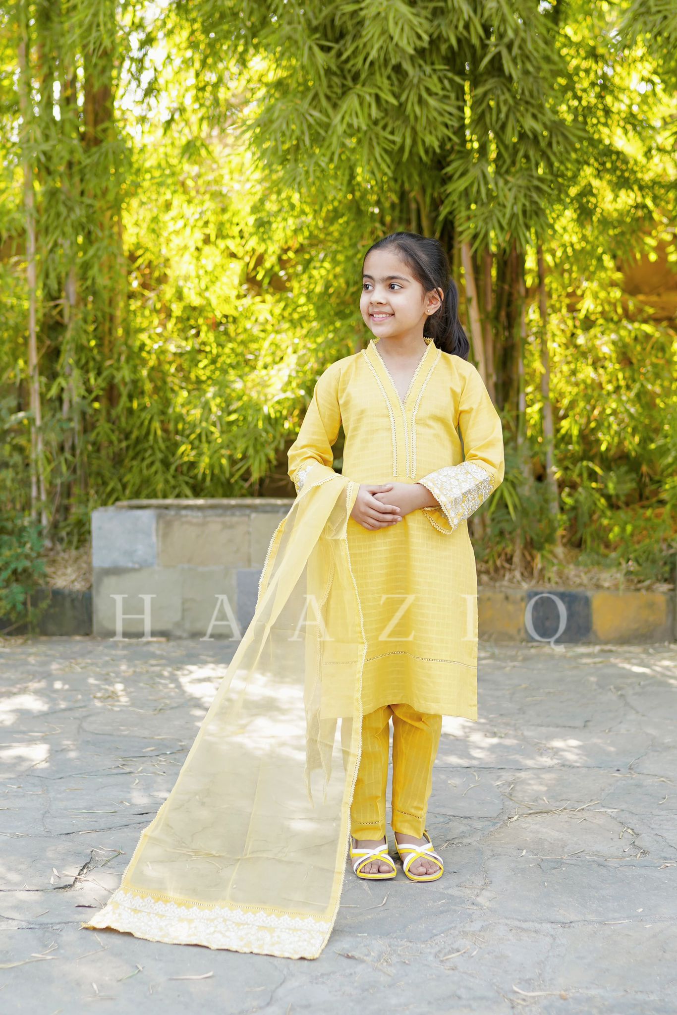 (Yellow) Kids Embroidered Cotton 3 piece Suit