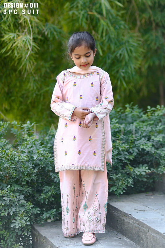 (Baby Pink) kids Embroidered Cotton 3 piece Suit