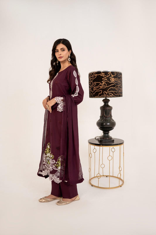 (Purple)  3 pc "Elaf" Embroidered Chikenkari dress By Simrans