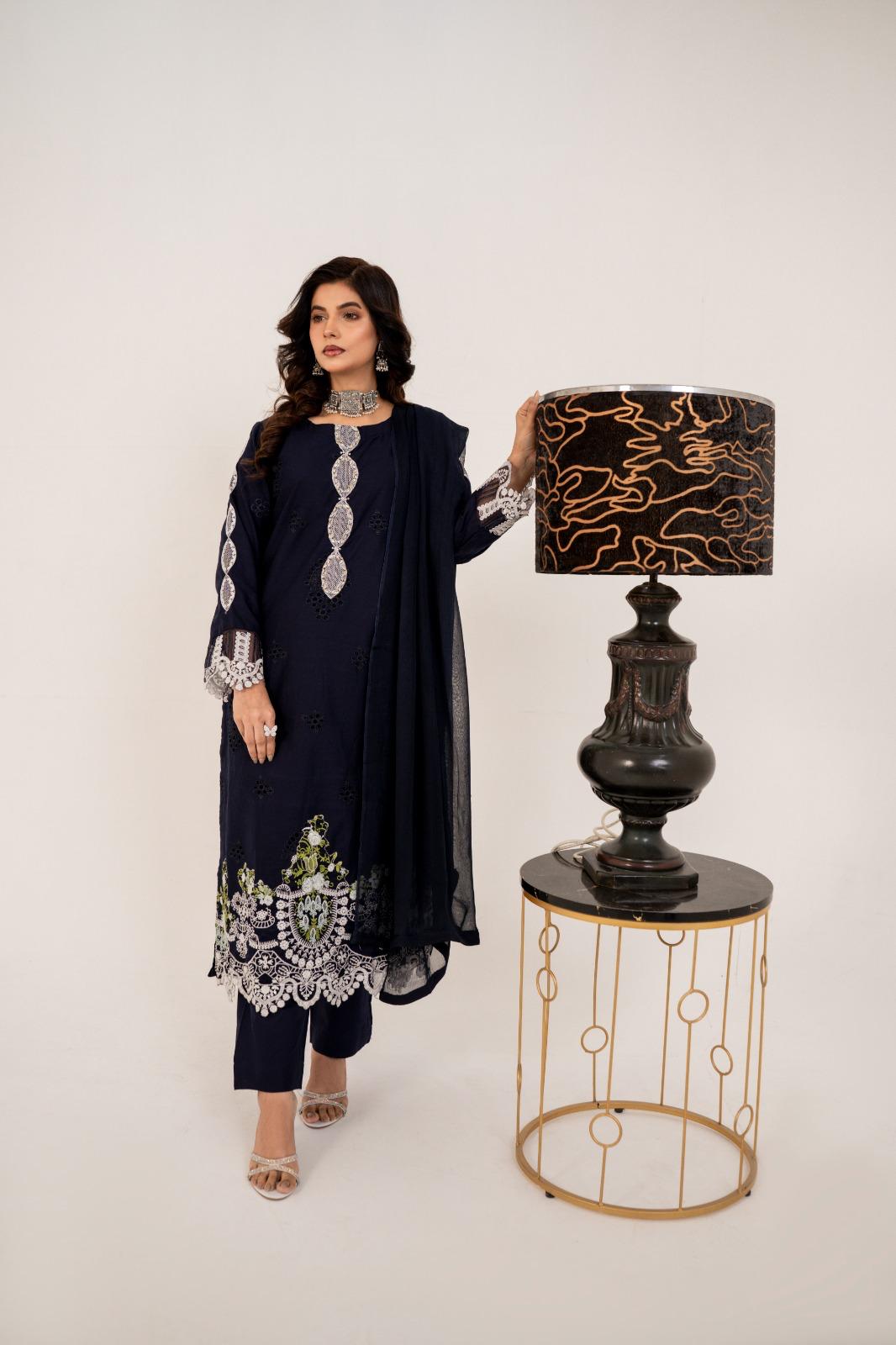 (Navy) 3 pc "Elaf" Embroidered Chikenkari dress By Simrans