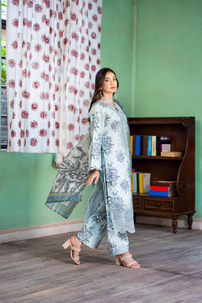 (Sea Mist) Embroidered 3 Pc Lawn Dress-Raniya.h