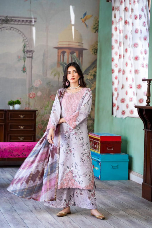 (Light Lavender) Embroidered 3 Pc Lawn Dress-Raniya.h