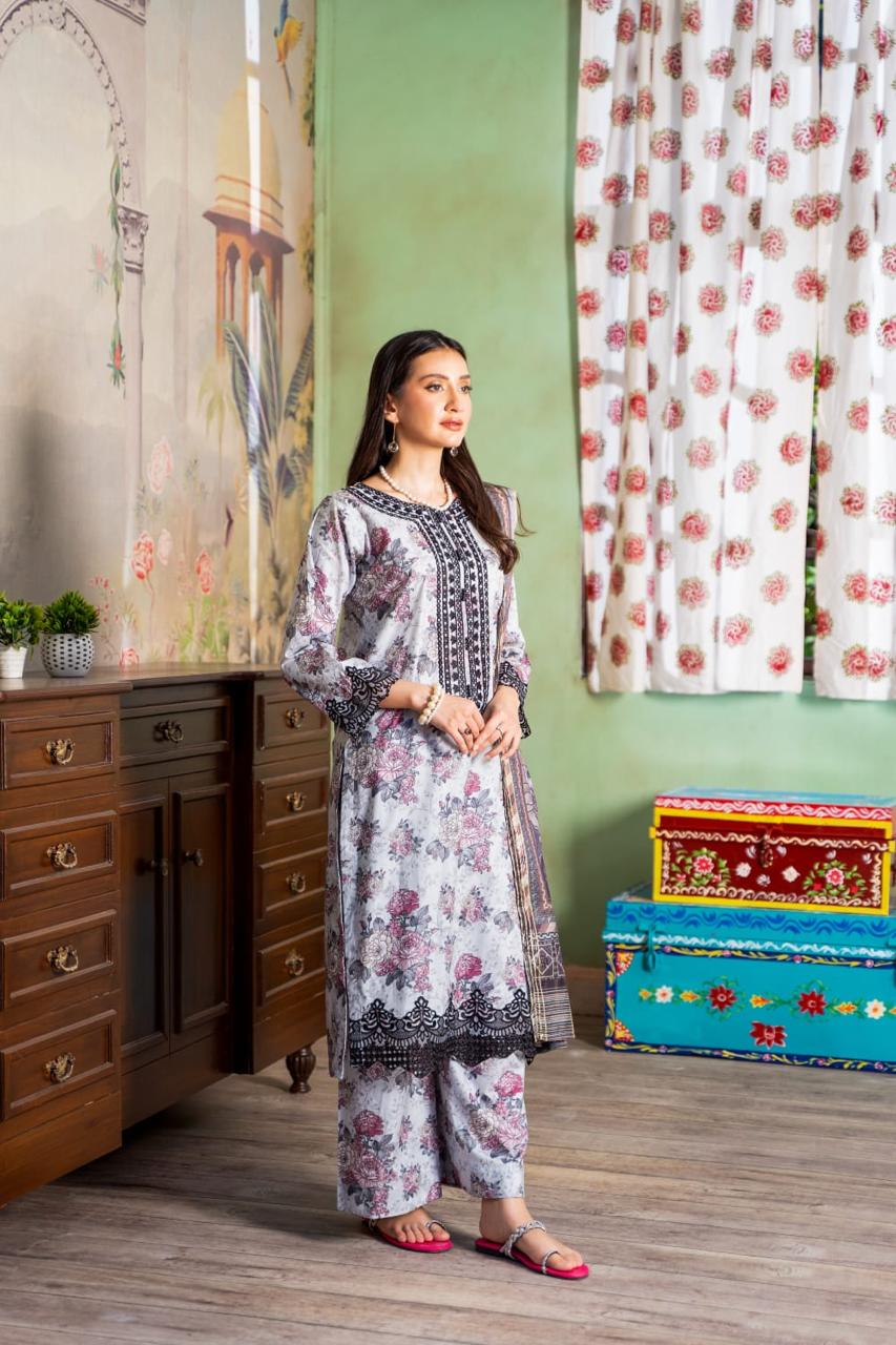 (Grey) Embroidered 3 Pc Lawn Dress-Raniya.h