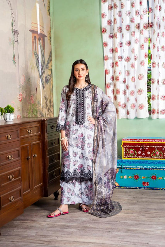 (Grey) Embroidered 3 Pc Lawn Dress-Raniya.h