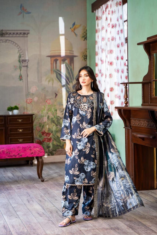 (Blue) Embroidered 3 Pc Lawn Dress-Raniya.h