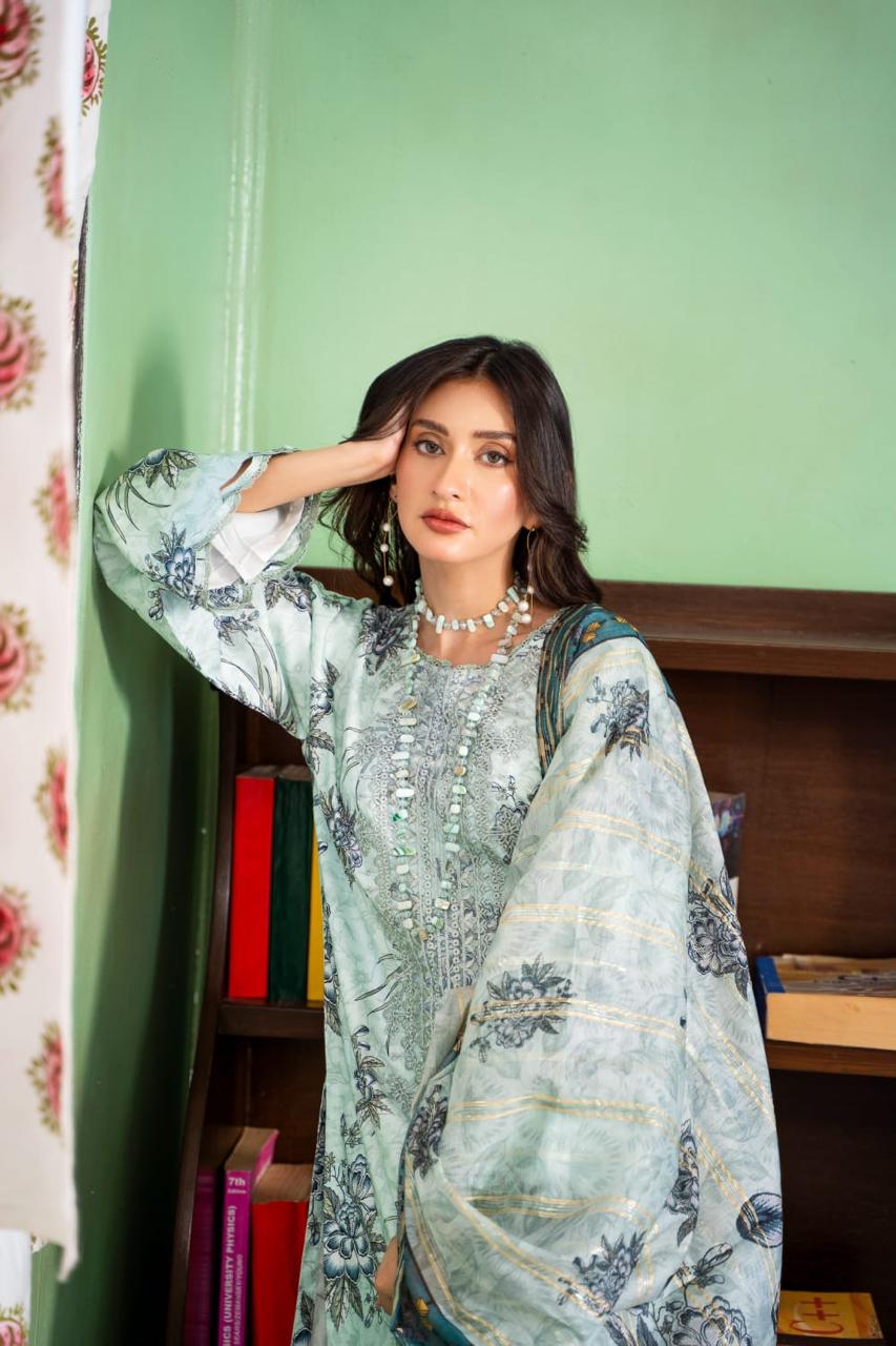 (Sea Mist) Embroidered 3 Pc Lawn Dress-Raniya.h