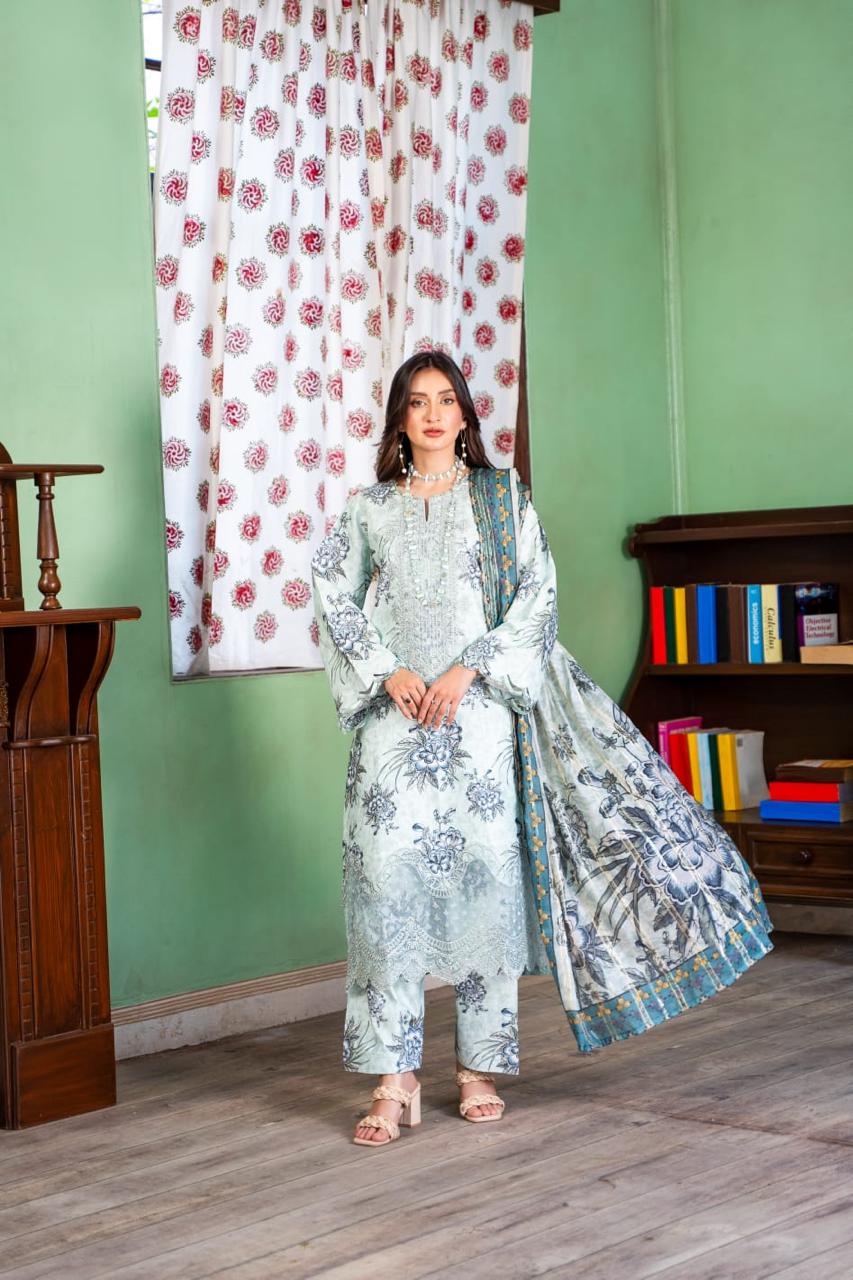 (Sea Mist) Embroidered 3 Pc Lawn Dress-Raniya.h