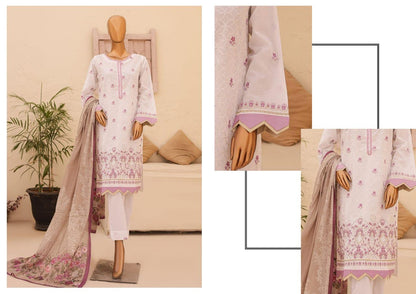 (White with Mauve) Chikenkari Lawn 3 Pc-Naubahar