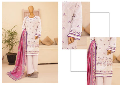 (White with Purple) Chikenkari Lawn 3 Pc-Naubahar