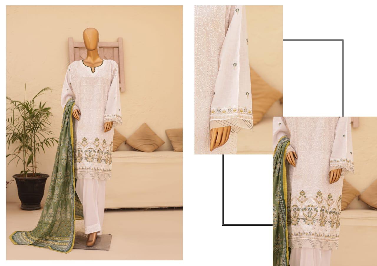 (White with Green) Chikenkari Lawn 3 Pc-Naubahar (Copy)