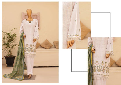 (White with Green) Chikenkari Lawn 3 Pc-Naubahar (Copy)