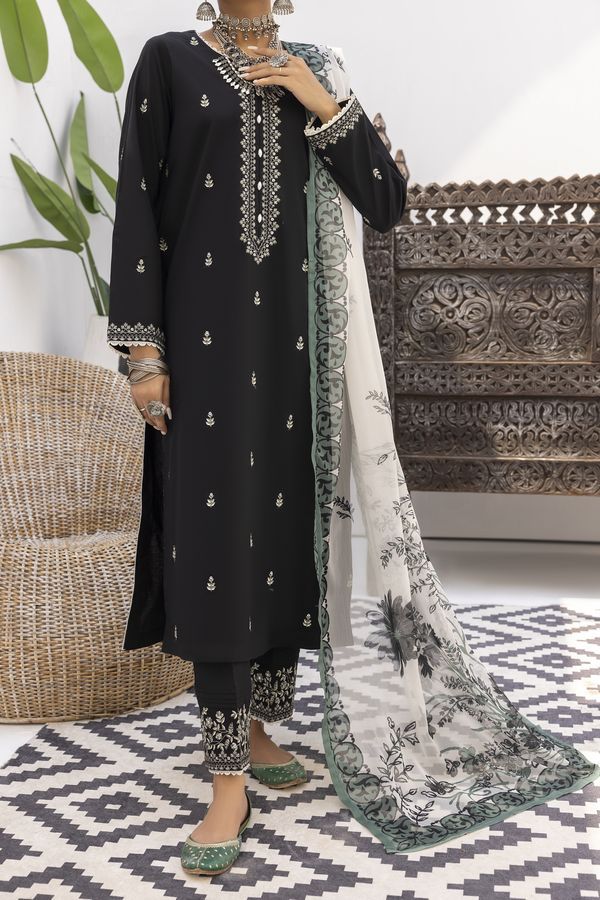 Black 3 Pc Embroidered Cotton Lawn Dress - Casuallite