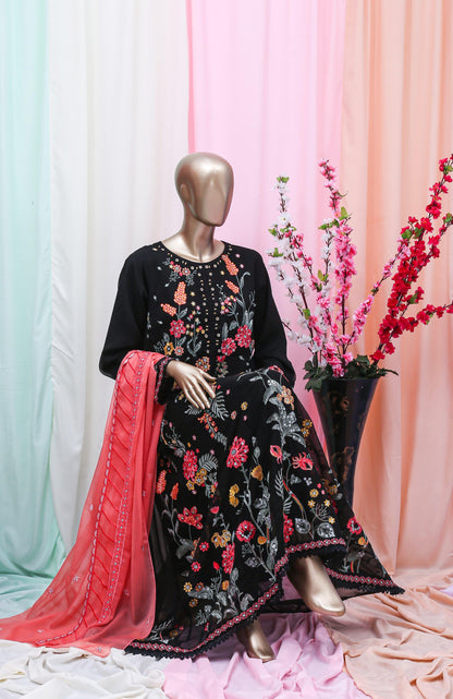 (Black) 3 Pc Embroidered Chiffon Long (Maxi) -Kirpik