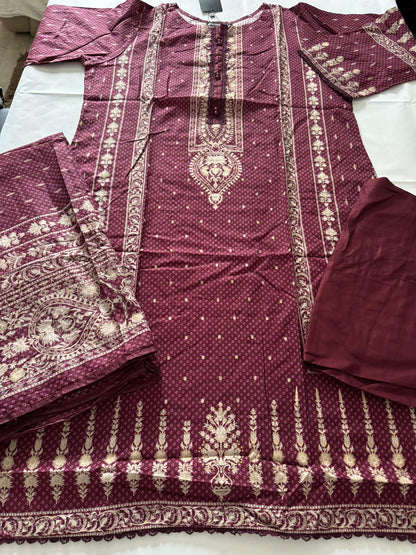 Maroon 3 Pc Ready to wear Printed Lawn Dress - Saphron