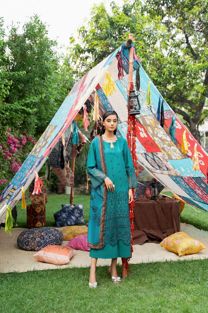 (Teal) 3 Pc Chikenkari Lawn Dress-Raniya.h