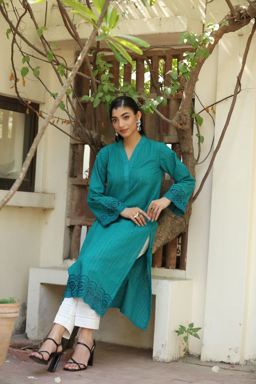 Sea Green 2 Pc Chikenkari Cotton Dress - Umnaa