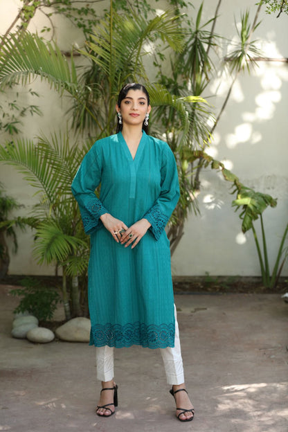 Sea Green 2 Pc Chikenkari Cotton Dress - Umnaa