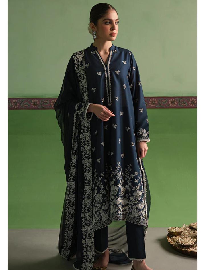 Blue 3 Pc Chikenkari Lawn Dress - Umnaa