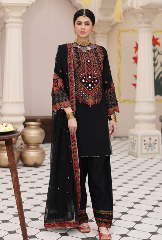 3 Pc Embroidered Cotton Shalwar Kameez With Chiffon Dupatta|