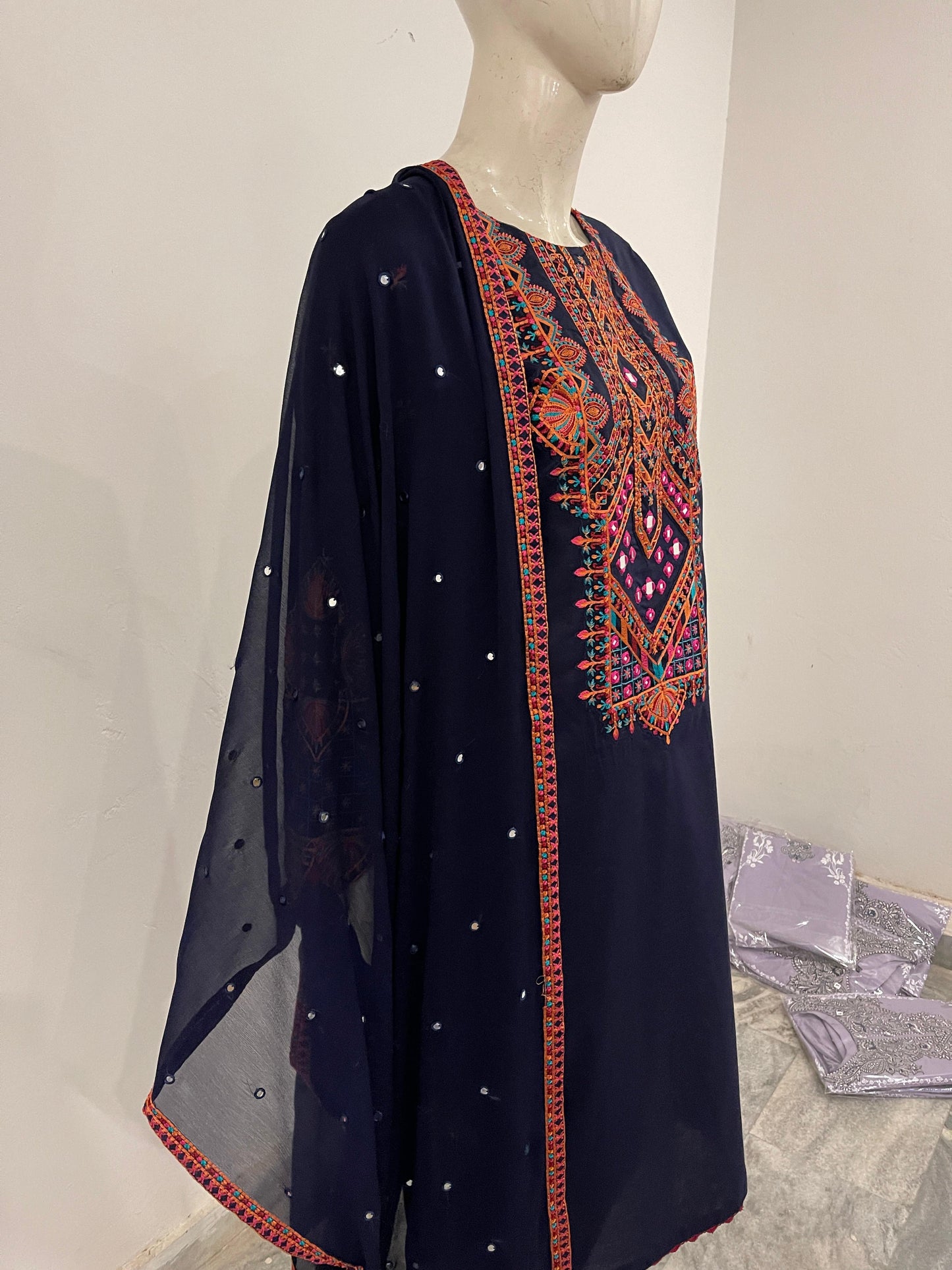 3 Pc Embroidered Cotton Salwar Kameez With Chiffon Dupatta|