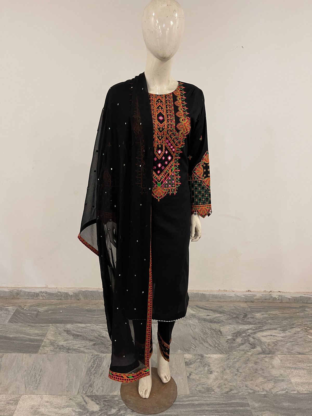 3 Pc Embroidered Cotton Salwar Kameez With Chiffon Dupatta|