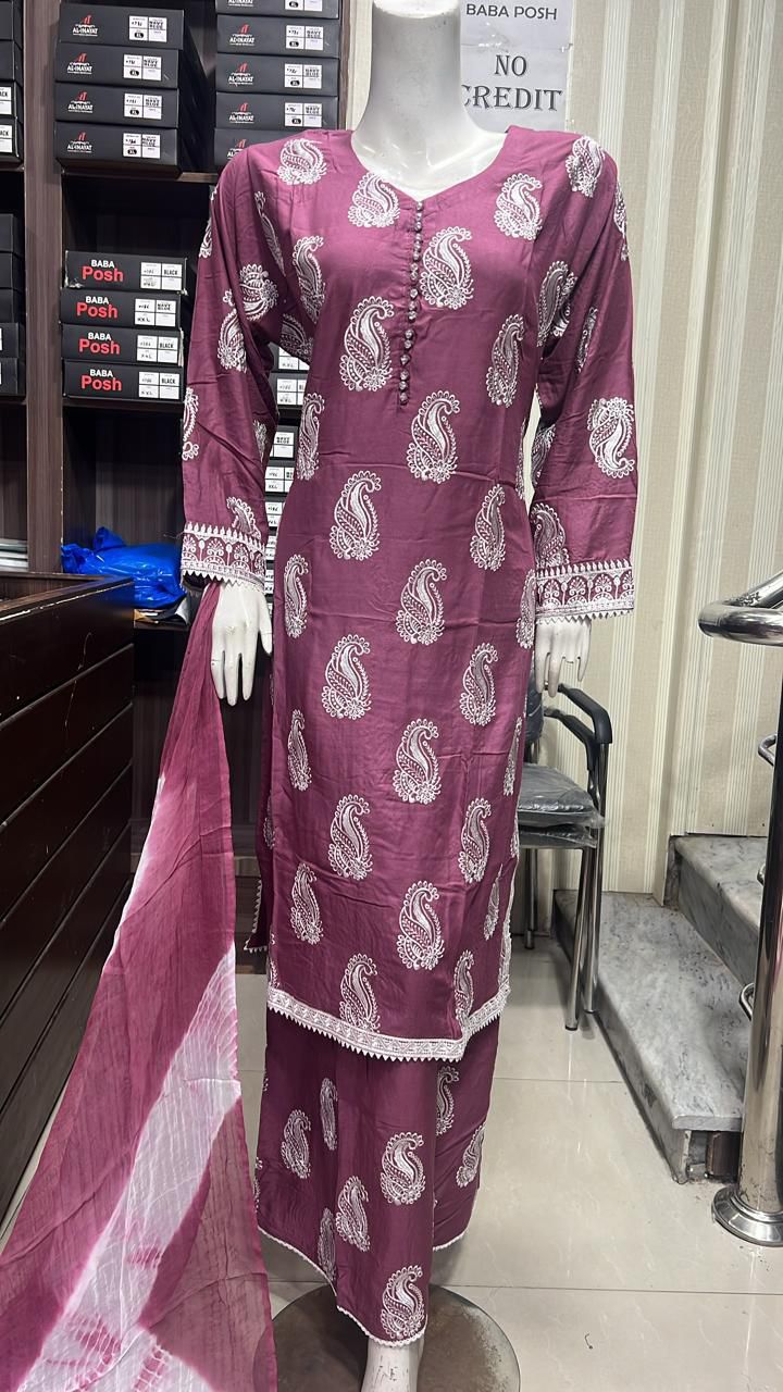 Embroidered Linen Plazo Kameez Dress & Chiffon Dupatta