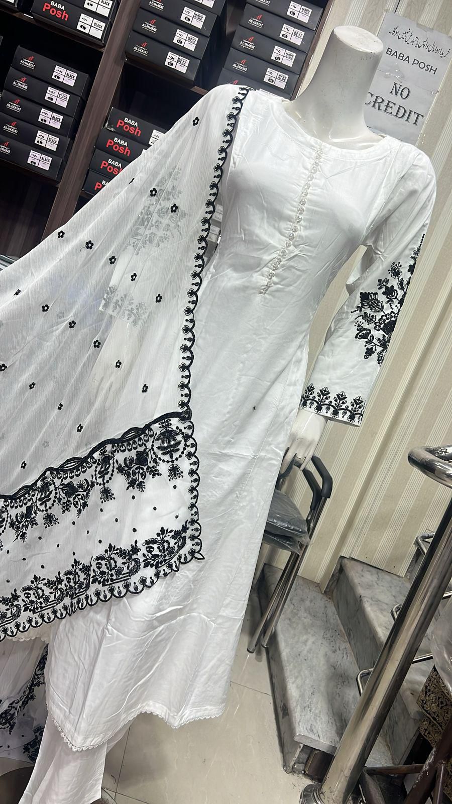 Embroidered Linen Long Frock Dress with Heavy Embroidered Chiffon Dupatta