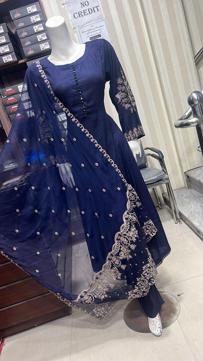 Embroidered Linen Long Frock Dress with Heavy Embroidered Chiffon Dupatta