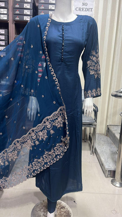 Embroidered Linen Long Frock Dress with Heavy Embroidered Chiffon Dupatta