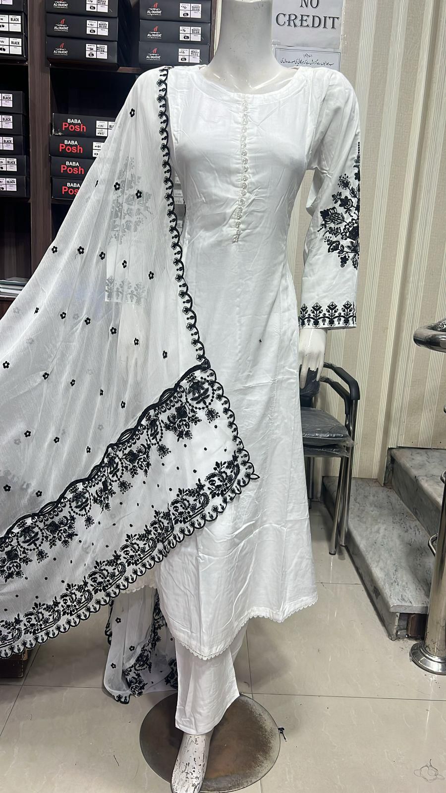 Embroidered Linen Long Frock Dress with Heavy Embroidered Chiffon Dupatta