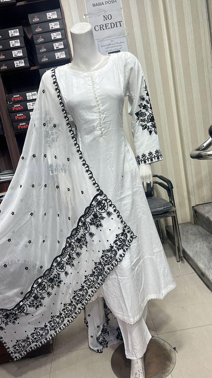 Embroidered Linen Long Frock Dress with Heavy Embroidered Chiffon Dupatta