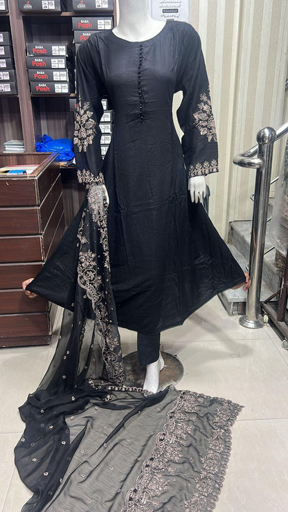 Embroidered Linen Long Frock Dress with Heavy Embroidered Chiffon Dupatta