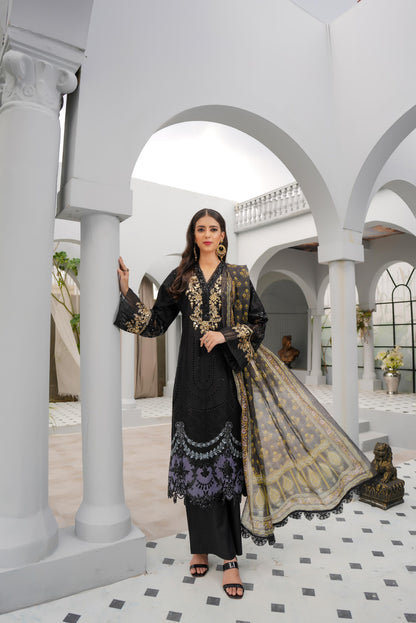 (Black) Heavy Embroidered Cotton Linen Ready to Wear Dress - MUNIRA