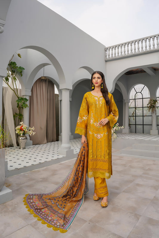 (Mustard) Heavy Embroidered Cotton Linen Ready to Wear Dress - MUNIRA