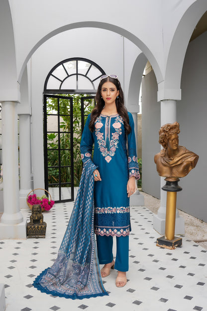 (Blue) Heavy Embroidered Cotton Linen Ready to Wear Dress - MUNIRA