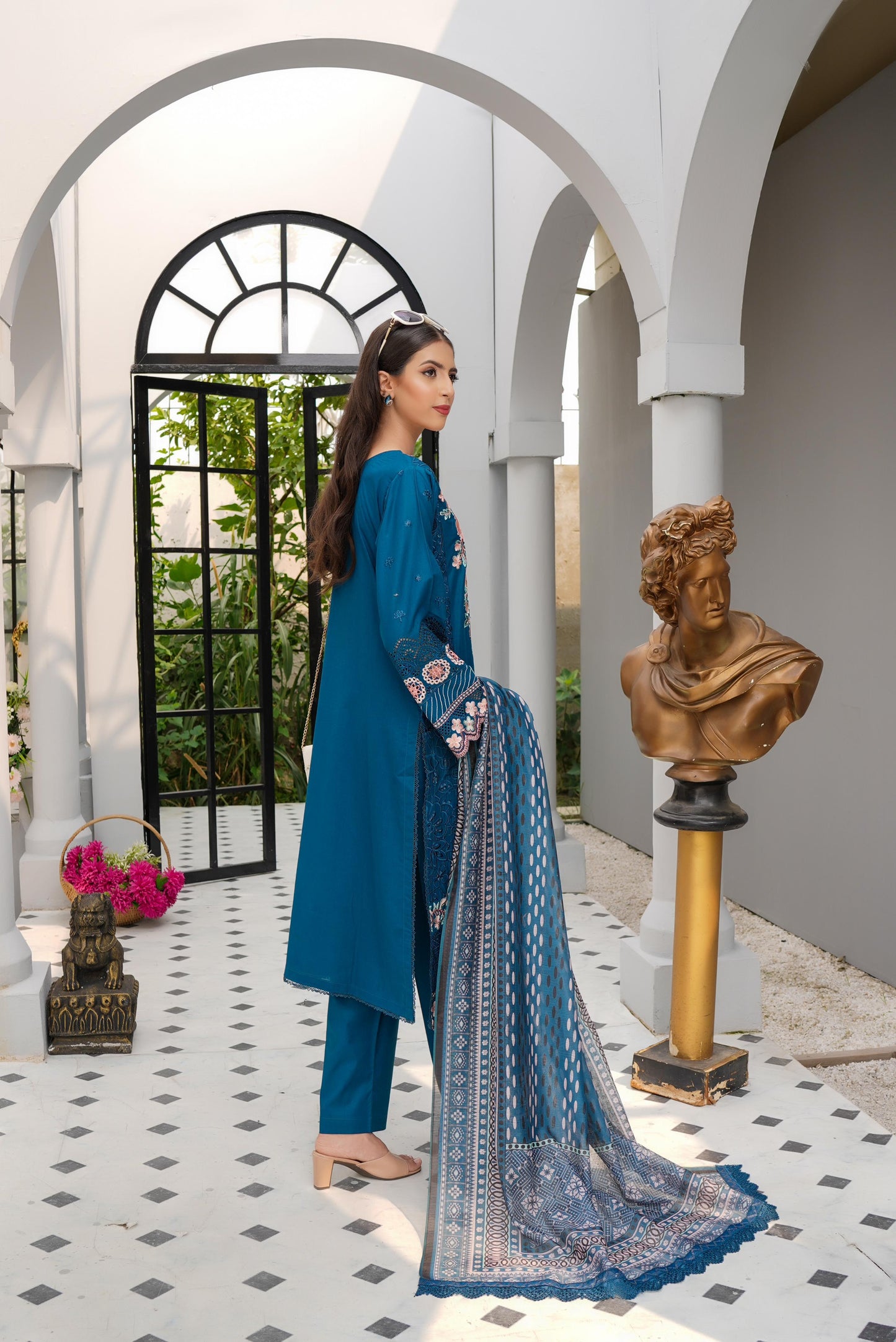 (Blue) Heavy Embroidered Cotton Linen Ready to Wear Dress - MUNIRA