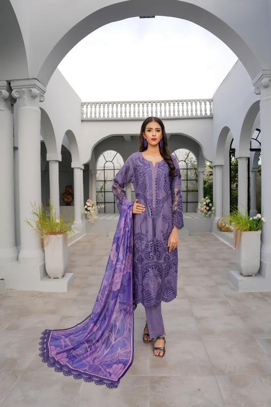 (Lavender) Heavy Embroidered Cotton Linen Ready to Wear Dress - MUNIRA