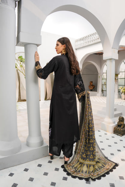 (Black) Heavy Embroidered Cotton Linen Ready to Wear Dress - MUNIRA